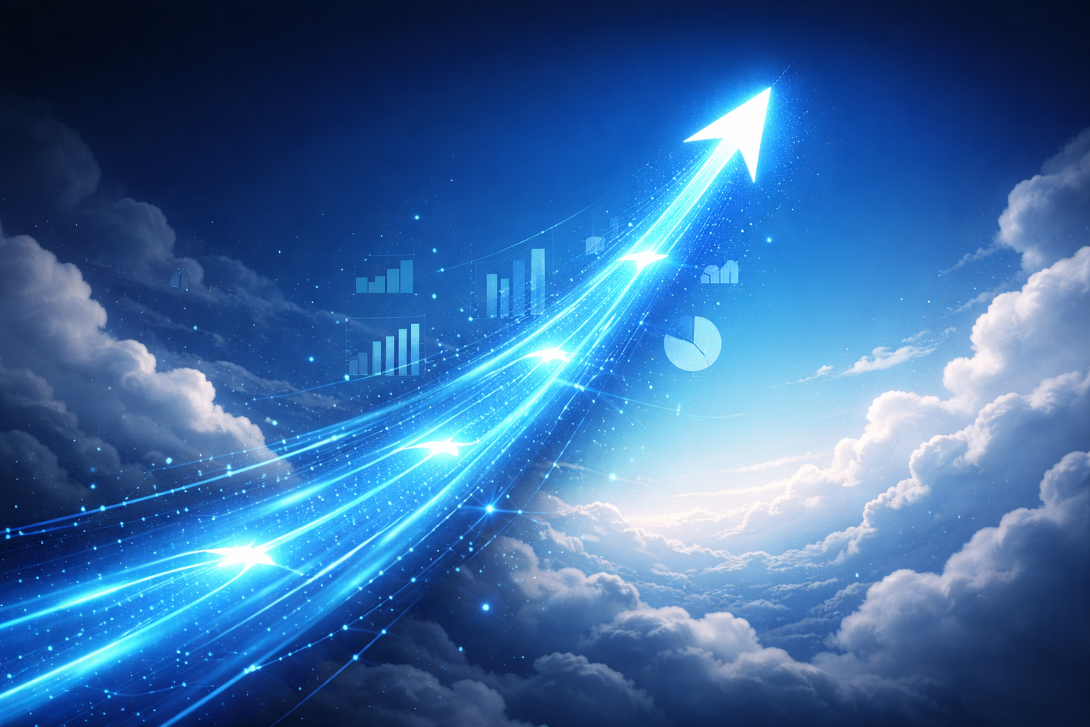 Glowing blue light trajectory ascending upward representing business growth momentum