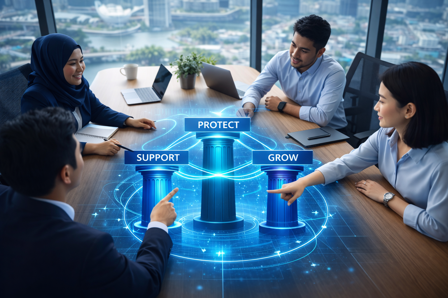 Overhead view of diverse executive team collaborating around illuminated framework blueprint